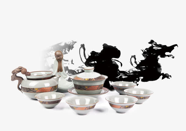 实物茶具水墨背景装饰