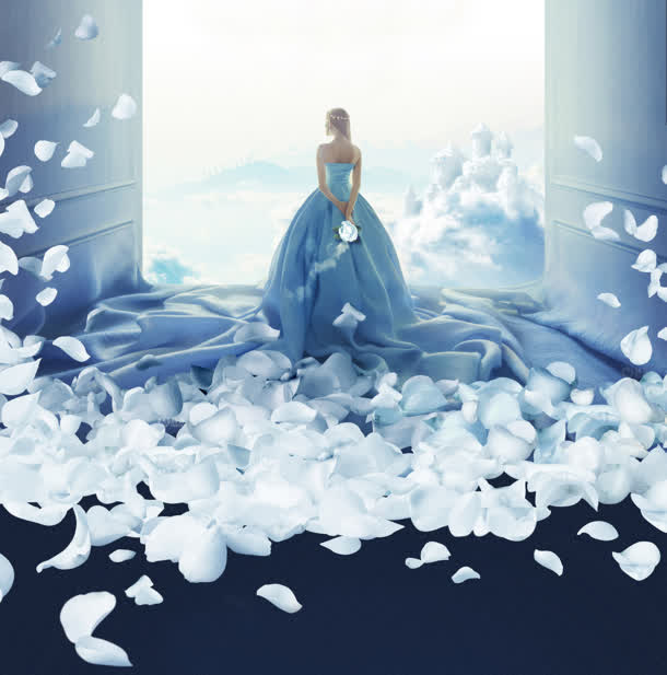 蓝色梦幻花瓣美女免抠
