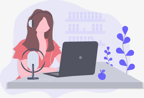 电脑前的女孩手绘图免抠