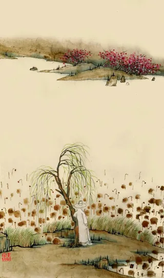 中国风湖边的桃花免抠