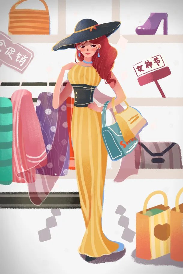 手绘女神节购物元素图免抠