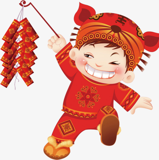 小男孩提着鞭炮简图免抠