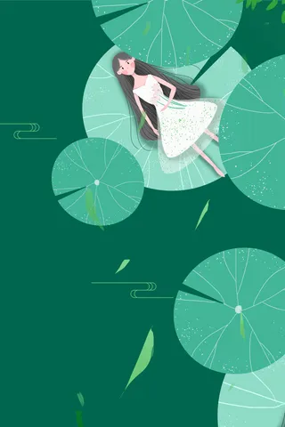 手绘人物躺在荷叶上高清