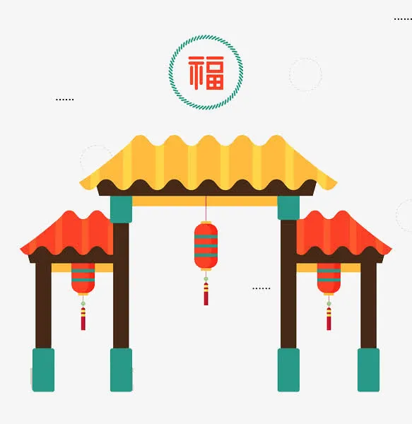 卡通古代建筑门灯笼免抠