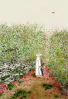 手绘柳树林间的男人古风海报背景