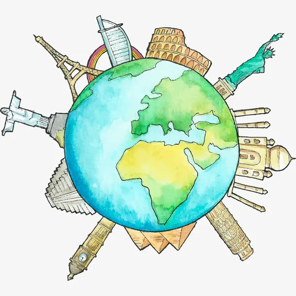 手绘彩铅插图国际风景名胜插画免抠