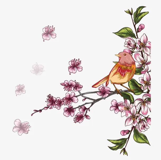 手绘桃花花瓣桃花树枝免抠