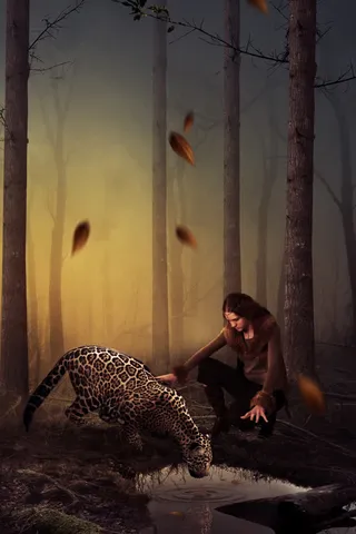 女性孤单飞翔落叶免抠