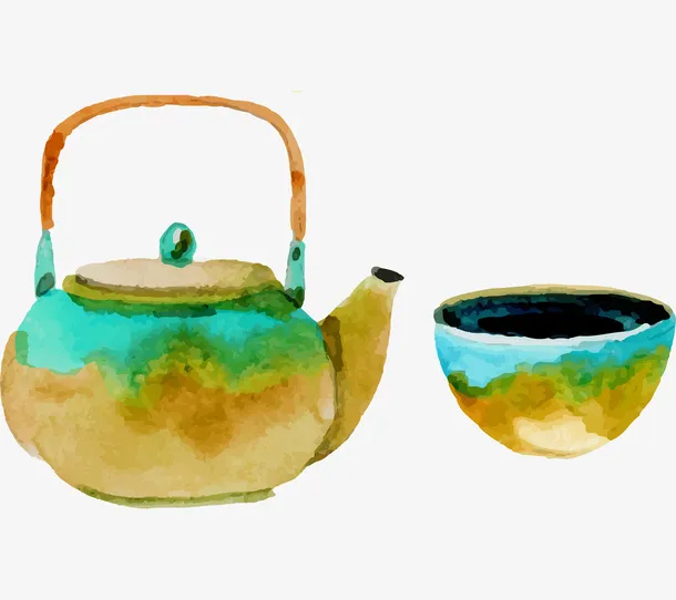 手绘水彩风茶壶茶杯免抠