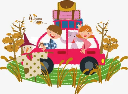 红色汽车里的卡通儿童免抠