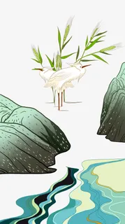 手绘山水之间的仙鹤免抠