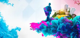 蓝色渐变彩色飞机旅游宣传海报背景素材免费高清