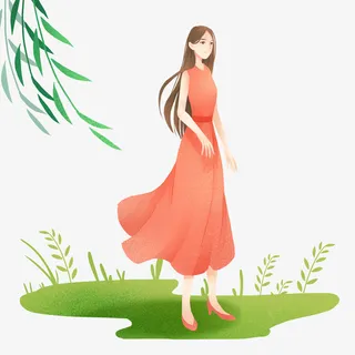 春分女孩柳树免抠手绘/卡通手绘元素