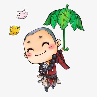 手绘抓着树叶伞的小和尚免抠