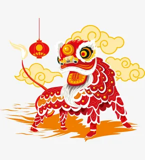 手绘矢量舞狮子狮子祥云免抠