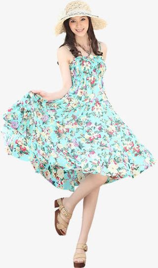 夏日花纹连衣裙清新免抠