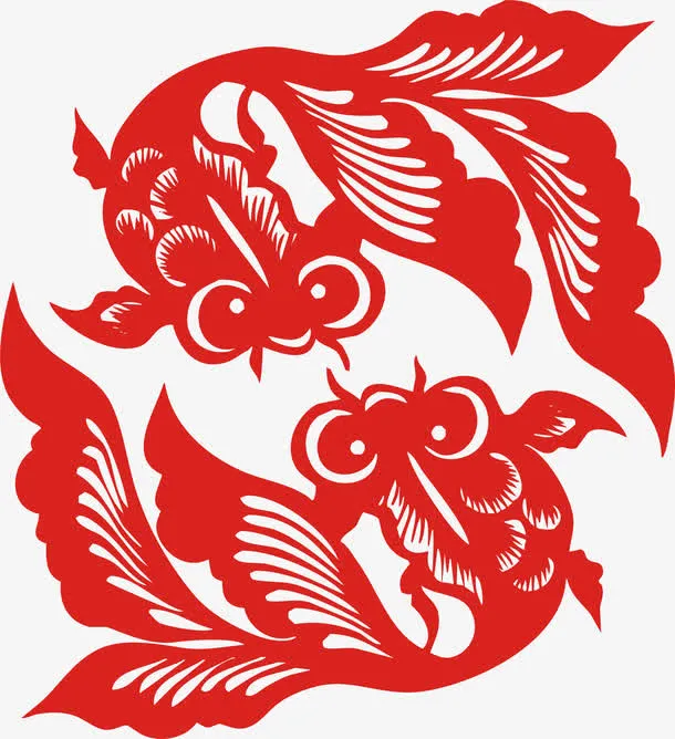 中国风两条金鱼剪纸免抠