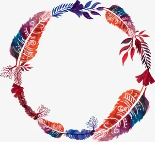 混色水彩手绘羽毛边框免抠