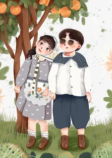 春分情侣踏春看春景免抠手绘/卡通手绘元素