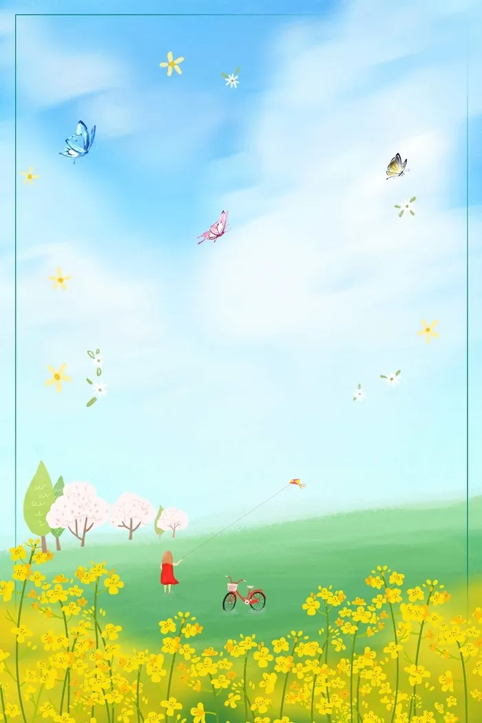 小清新春天你好油菜花风景插画高清卡通手绘背景