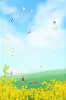 小清新春天你好油菜花风景插画高清卡通手绘背景 小清新春天你好油菜花风景插画高清卡通手绘背景