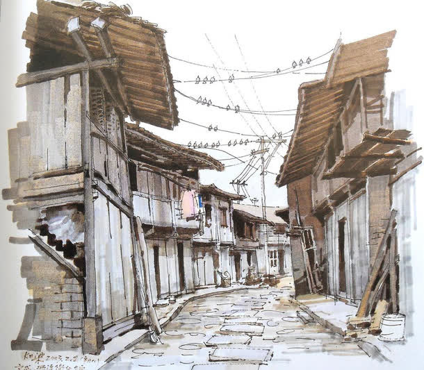 水粉画老街图片免抠