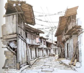 水粉画老街图片免抠