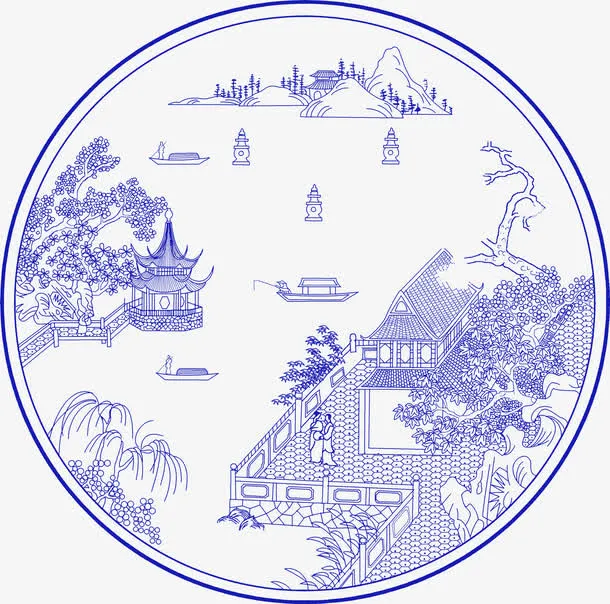 青花贴纸月饼包装免抠