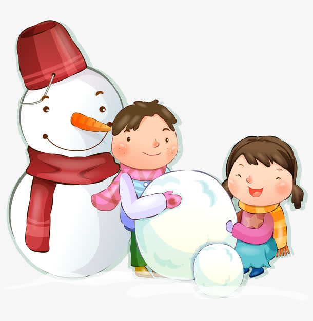 卡通手绘矢量兒童滚雪球堆雪人免抠