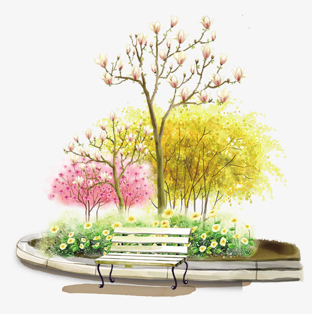 清新手绘公园景色装饰图案免抠