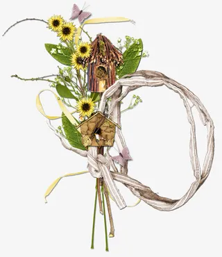 丝带绿叶鸟巢漂浮免抠