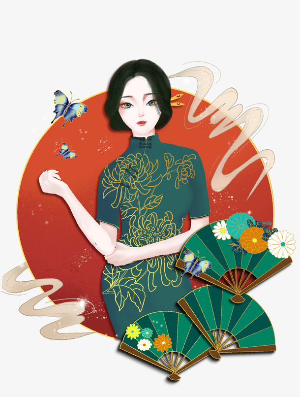 手绘旗袍女子免抠