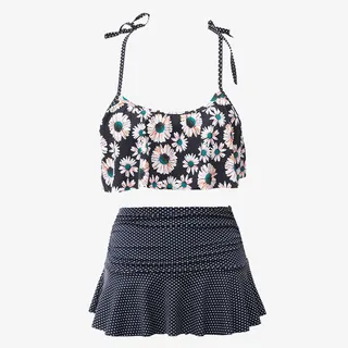 甜美印花分体泳装免抠