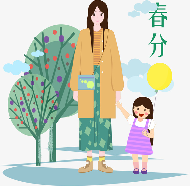 母女手绘踏青图免抠