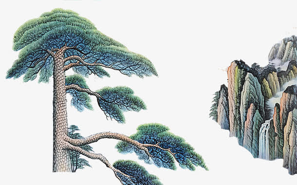 迎客松山水画免抠