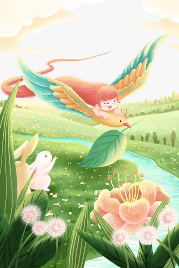 春天手绘人物鸟兔子草地叶子花朵免抠手绘/卡通手绘元素