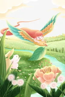 春天手绘人物鸟兔子草地叶子花朵免抠手绘/卡通手绘元素