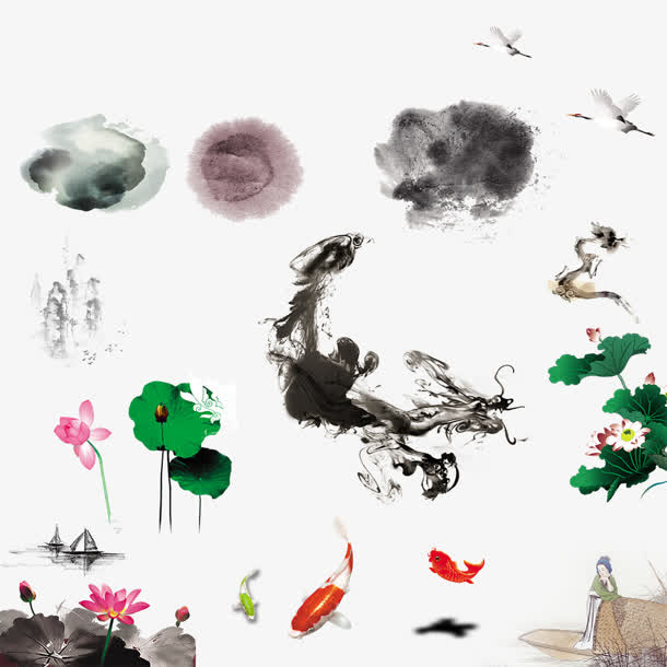 水墨画荷叶荷花集合免抠