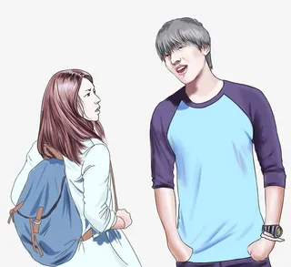 手绘人物插画边走边聊天的情侣免抠