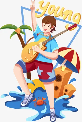 夏天音乐吉他组合插画免抠