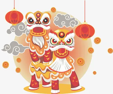 新年舞狮卡通手绘png免抠图免抠