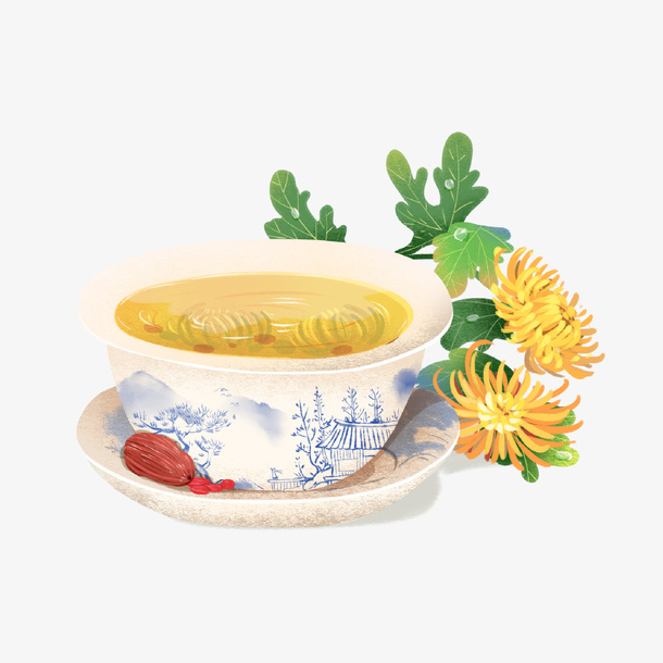 二十四节气寒露重阳节菊花茶元素免抠