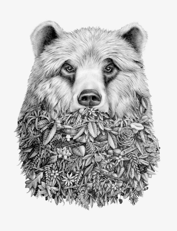 黑白狗熊树枝插画免抠