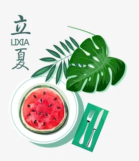 红色西瓜叶子植物立夏标签免抠