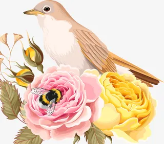 黄色清新花朵小鸟免抠
