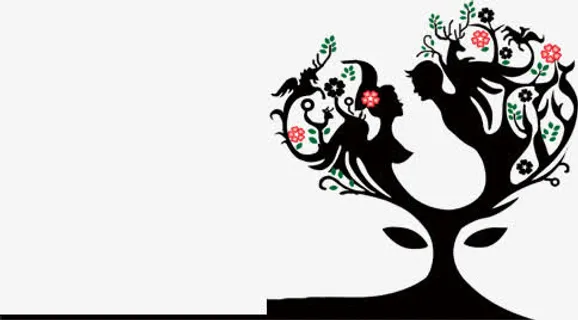 卡通情侣树型墨迹免抠