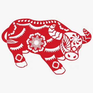  剪纸新年牛元素免抠