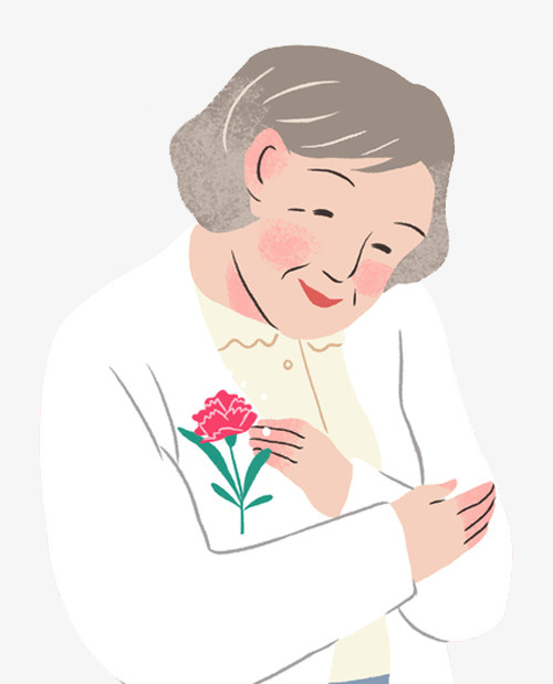 手绘母亲节插图白发妈妈与康乃馨免抠