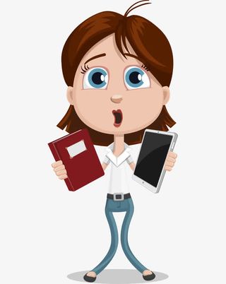 卡通手绘可爱拿书本手机女孩免抠