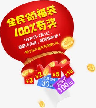 福袋优惠券卡通金币免抠